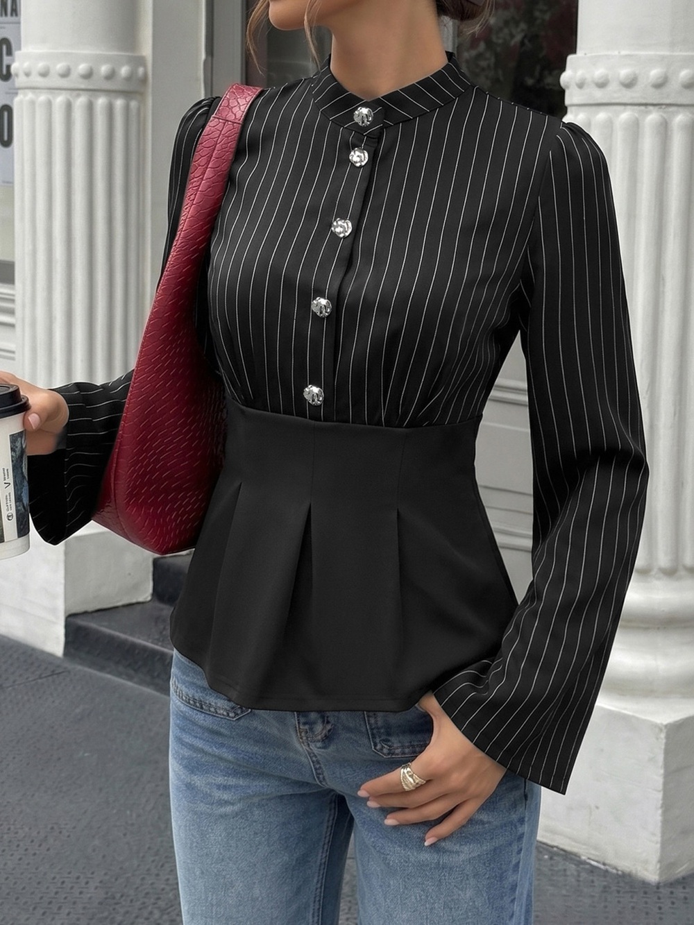Striped Long Sleeve Peplum Blouse
